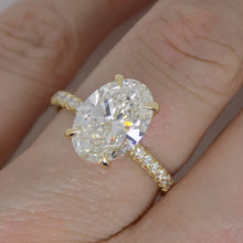 Load image into Gallery viewer, 18ct Yellow Gold Talon Claw Oval Lab Grown Diamond, Lab Grown Diamond Shoulders &amp; Hidden Halo 3.28ct SKU 7711001
