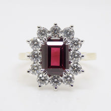 Load image into Gallery viewer, 9CT Yellow Gold Emerald Cut Lab Grown Ruby and Lab Grown Diamond Halo Ring SKU 7756005
