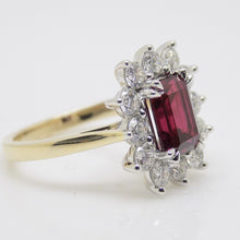 Load image into Gallery viewer, 9CT Yellow Gold Emerald Cut Lab Grown Ruby and Lab Grown Diamond Halo Ring SKU 7756005
