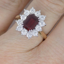Load image into Gallery viewer, 9CT Yellow Gold Emerald Cut Lab Grown Ruby and Lab Grown Diamond Halo Ring SKU 7756005
