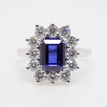 Load image into Gallery viewer, 9CT White Gold Emerald Cut Lab Grown Sapphire and Lab Grown Diamond Halo SKU 7757006
