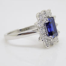 Load image into Gallery viewer, 9CT White Gold Emerald Cut Lab Grown Sapphire and Lab Grown Diamond Halo SKU 7757006
