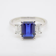 Load image into Gallery viewer, 9ct White Gold Emerald Cut Lab Grown Sapphire and Lab Grown Octagon Side Diamonds SKU 7757009
