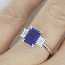 Load image into Gallery viewer, 9ct White Gold Emerald Cut Lab Grown Sapphire and Lab Grown Octagon Side Diamonds SKU 7757009

