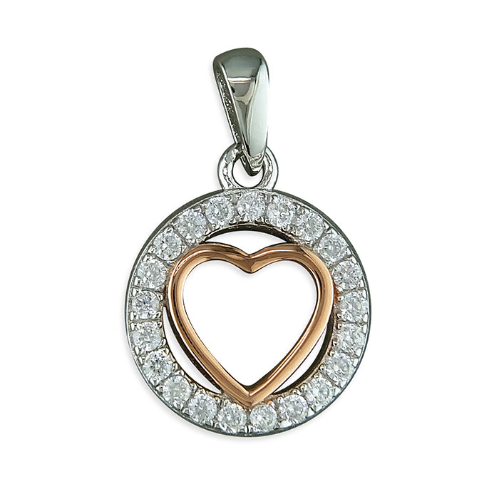 Sterling Silver Two Tone Rose Gold Plated Heart in CZ Circle Pendant SKU 0112583
