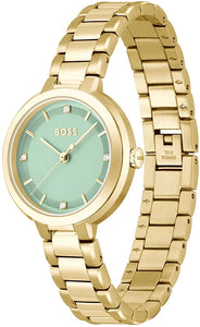 Ladies Hugo Boss Watch Stainless Steel Gold Tone Strap, Mint Green Dial SKU 4012162