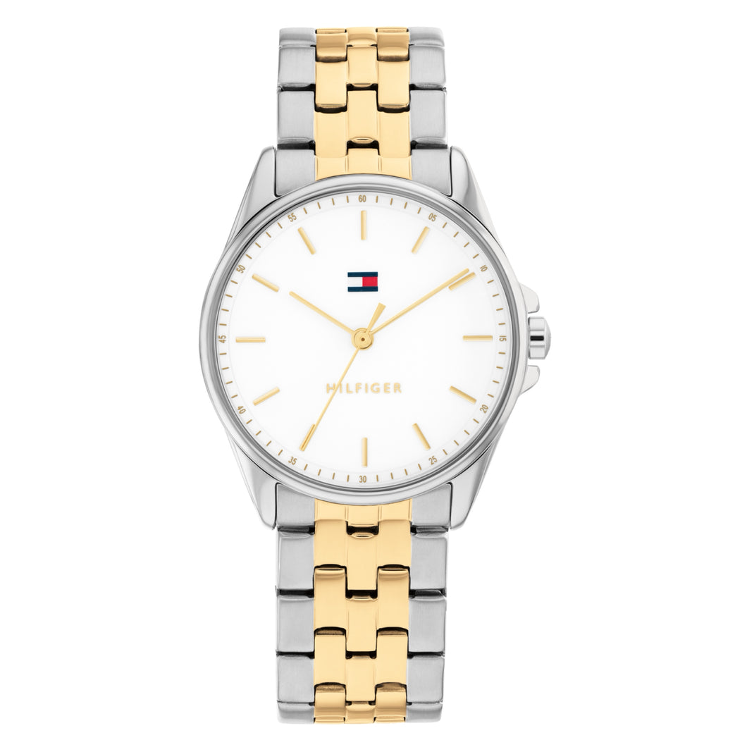 Tommy Hilfiger Ladies Watch, Stainless Steel 2 Tone Strap, White Dial SKU 4016326