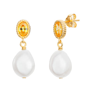 Sterling Silver Gold Finish Synthetic Pearl and Synthetic Citrice Drop Earrings SKU 0109600