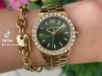 Load and play video in Gallery viewer, Ladies Michael Kors Watch Stainless steel Gold tone strap, Green Dial, Stone Set SKU 4010105
