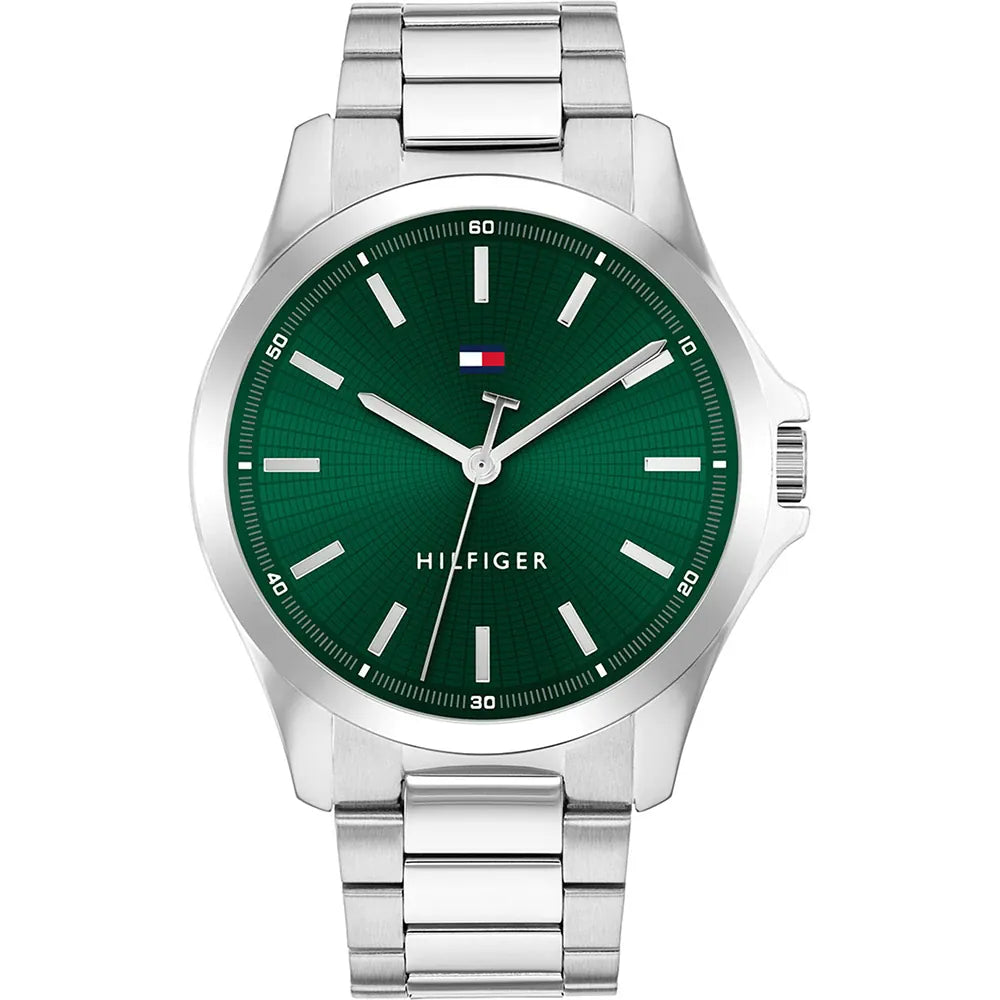 Tommy Hilfiger Gents Watch, Stainless Steel Silver Tone Strap, Green Dial SKU 4016304