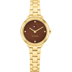 Tommy Hilfiger Ladies Watch, Gold Tone Stainless Steel Strap with Brown Face SKU 4016341
