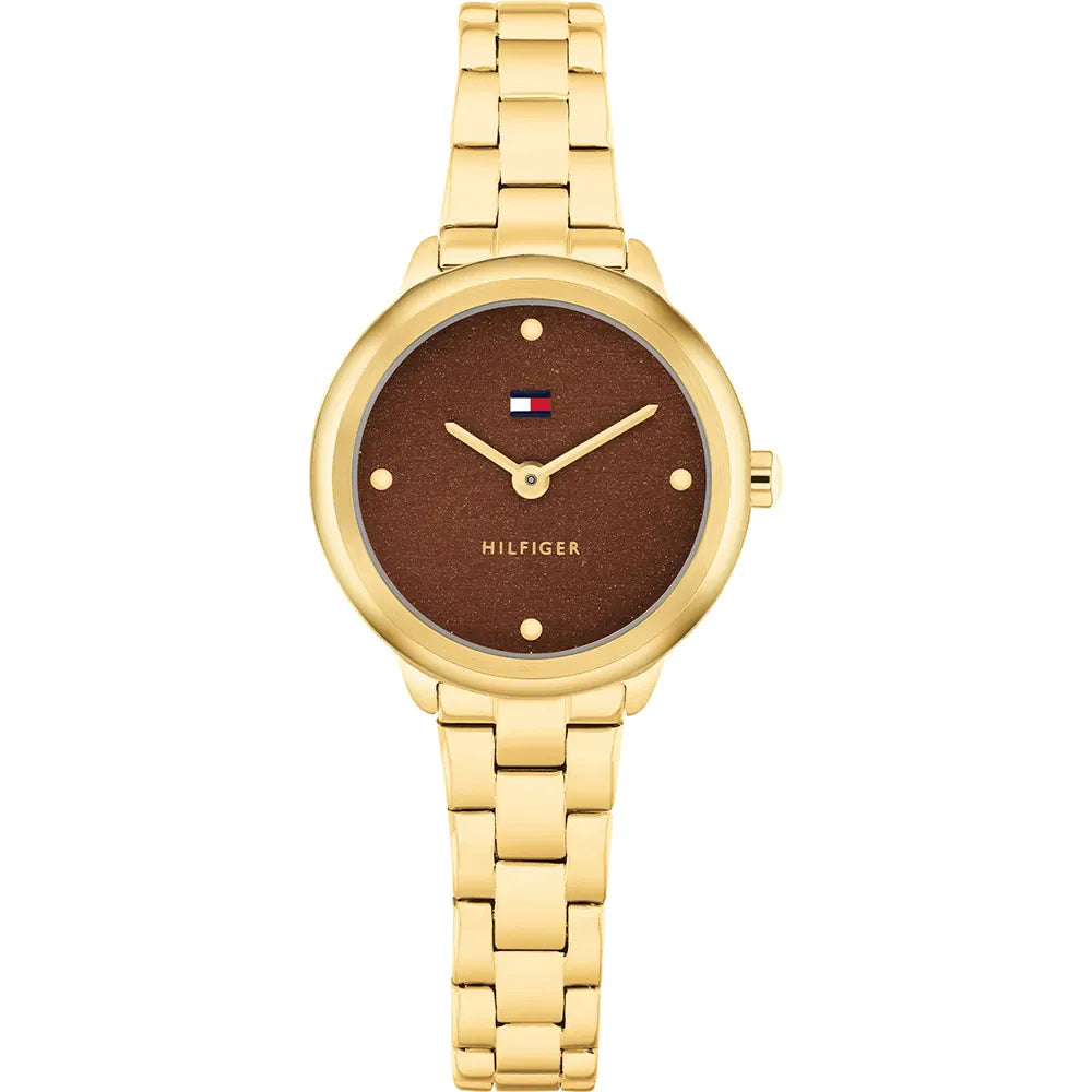 Tommy Hilfiger Ladies Watch, Gold Tone Stainless Steel Strap with Brown Face SKU 4016341