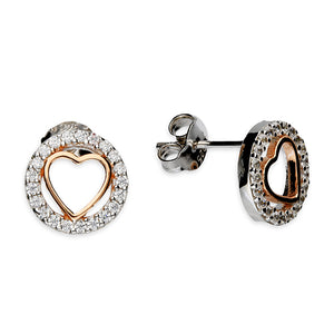 Sterling Silver Rose Finish 2 Tone Heart CZ Circle Stud Earrings SKU 0107151