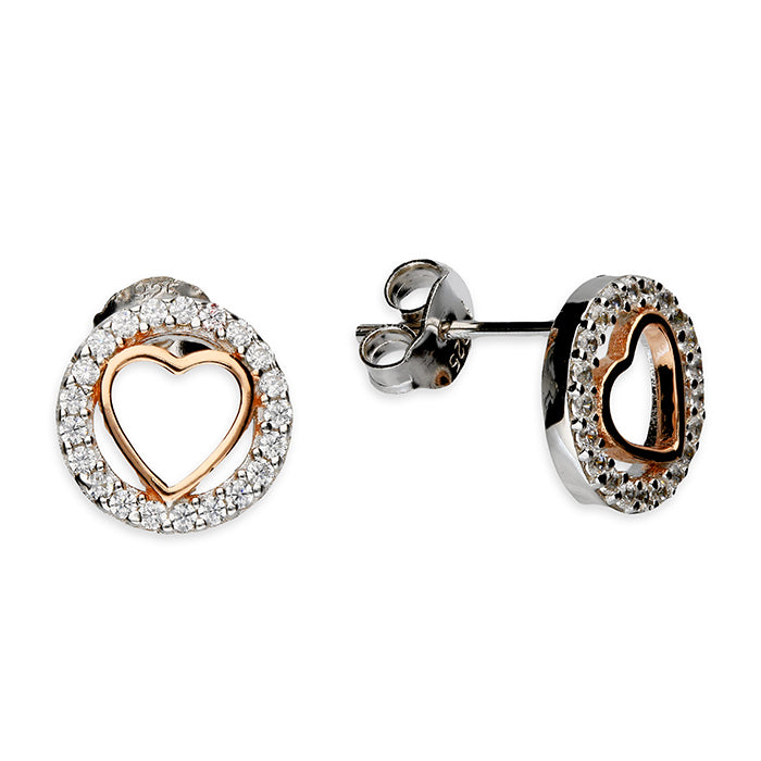 Sterling Silver Rose Finish 2 Tone Heart CZ Circle Stud Earrings SKU 0107151