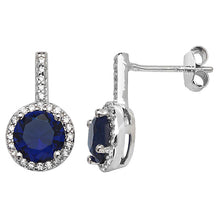 Load image into Gallery viewer, Sterling Silver Blue CZ &amp; CZ Halo Mini Drop Earrings SKU 0107289
