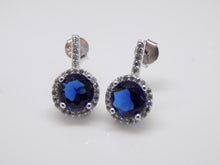 Load image into Gallery viewer, Sterling Silver Blue CZ &amp; CZ Halo Mini Drop Earrings SKU 0107289
