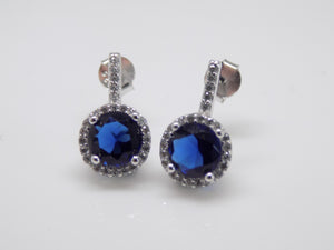 Sterling Silver Blue CZ & CZ Halo Mini Drop Earrings SKU 0107289