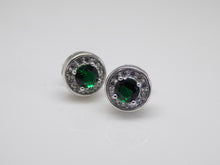 Load image into Gallery viewer, Sterling Silver Green CZ &amp; CZ Halo Stud Earrings SKU 0107303
