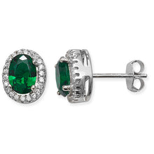 Load image into Gallery viewer, Sterling Silver Oval Green CZ &amp; CZ Halo Stud Earrings SKU 0107305
