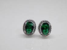 Load image into Gallery viewer, Sterling Silver Oval Green CZ &amp; CZ Halo Stud Earrings SKU 0107305
