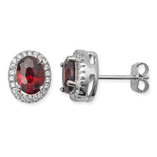 Load image into Gallery viewer, Sterling Silver Oval Red CZ &amp; CZ Halo Stud Earrings SKU 0107306
