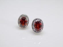 Load image into Gallery viewer, Sterling Silver Oval Red CZ &amp; CZ Halo Stud Earrings SKU 0107306
