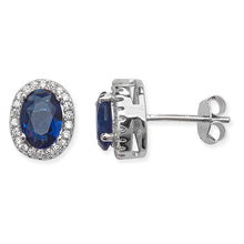 Load image into Gallery viewer, Sterling Silver Oval Blue CZ &amp; CZ Halo Stud Earrings SKU 0107307
