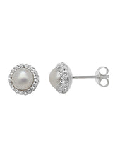 Load image into Gallery viewer, Sterling Silver Synthetic Pearl &amp; Double Crystal Halo Stud Earrings SKU 0107344

