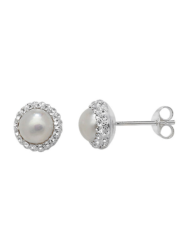 Sterling Silver Synthetic Pearl & Double Crystal Halo Stud Earrings SKU 0107344