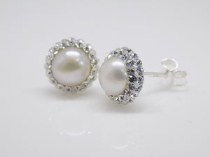 Sterling Silver Synthetic Pearl & Double Crystal Halo Stud Earrings SKU 0107344