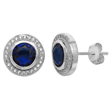 Load image into Gallery viewer, Sterling Silver Blue CZ Halo Stud Earrings SKU 0107359
