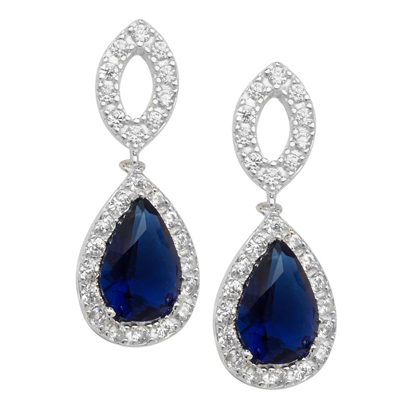 Sterling Silver Pear Shape Blue CZ & CZ Halo Drop Earrings SKU 0107362