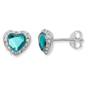 Sterling Silver blue CZ & CZ halo heart stud earrings SKU 0107607