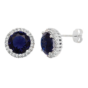 Sterling Silver Round Blue CZ & CZ Halo Stud Earrings SKU 0109122