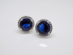 Sterling Silver Round Blue CZ & CZ Halo Stud Earrings SKU 0109122