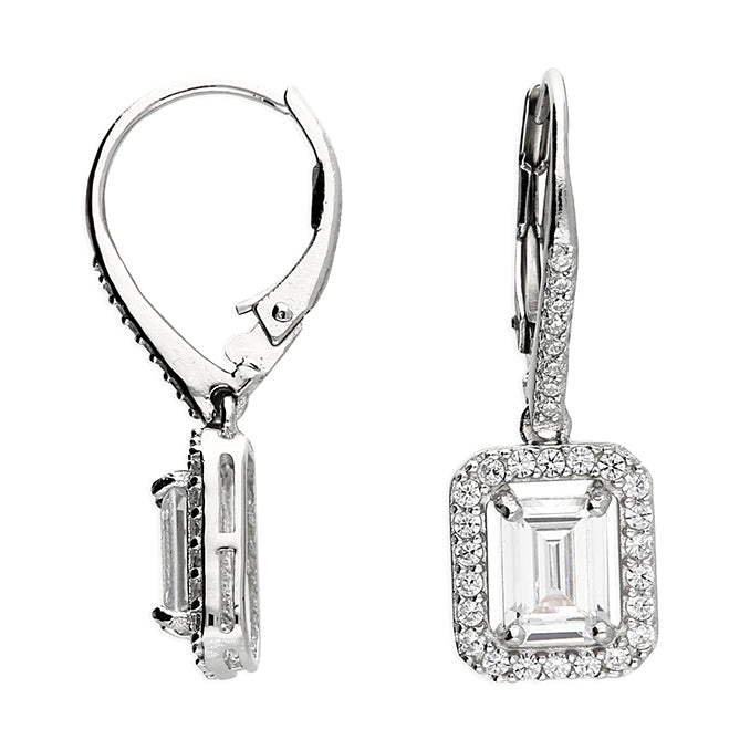 Sterling Silver rectangle CZ and Halo Drop Earrings SKU 0109133