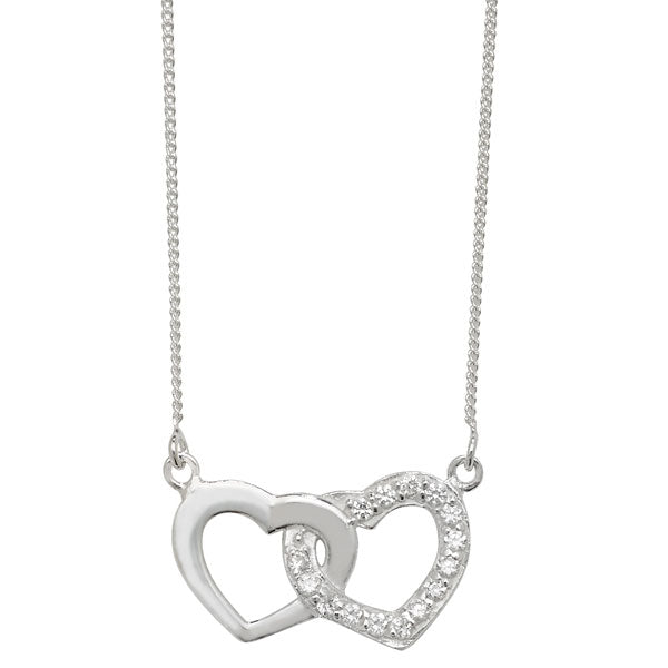 Sterling Silver Plain & CZ Double Interlinked Hearts Necklace SKU 0112035