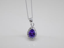 Load image into Gallery viewer, Sterling Silver Pear Shape Purple CZ &amp; CZ Halo Pendant SKU 0112095
