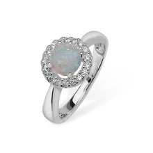 Load image into Gallery viewer, Sterling Silver Synthetic Opal, CZ Halo Ring SKU 0136005
