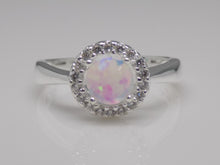 Load image into Gallery viewer, Sterling Silver Synthetic Opal, CZ Halo Ring SKU 0136005
