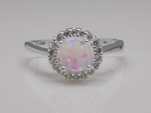 Sterling Silver Synthetic Opal, CZ Halo Ring SKU 0136005