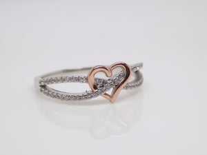 Sterling Silver Double CZ Band Interlink Rose Finish Heart 2 Tone Ring SKU 0136071