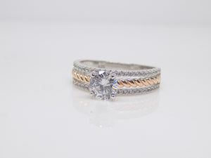 Sterling Silver 2 Tone Rose Finish CZ Band Solitaire CZ Ring SKU 0136075