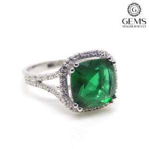 Sterling Silver Large Green Square CZ Halo CZ Ring SKU 0137011