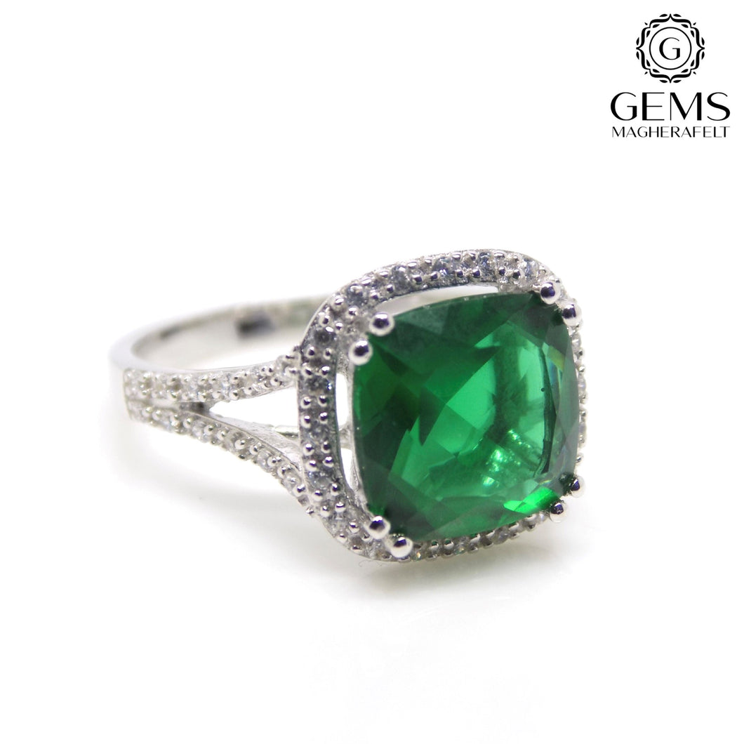 Sterling Silver Large Green Square CZ Halo CZ Ring SKU 0137011