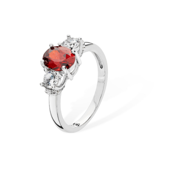Sterling Silver Red Oval CZ & White CZ 3 Stone Ring SKU 0137015
