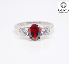 Load image into Gallery viewer, Sterling Silver Red Oval CZ &amp; White CZ 3 Stone Ring SKU 0137015
