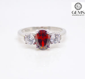 Sterling Silver Red Oval CZ & White CZ 3 Stone Ring SKU 0137015