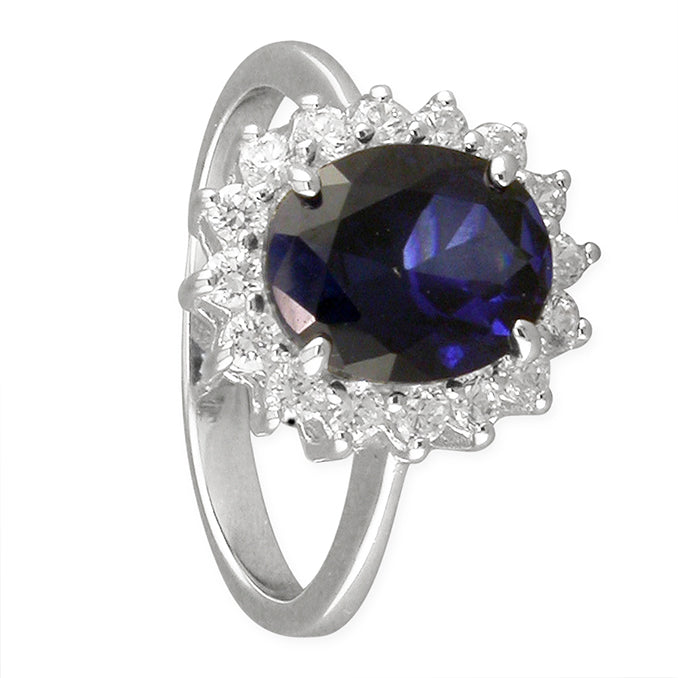 Sterling Silver Oval Blue CZ & CZ Halo Ring SKU 0142002