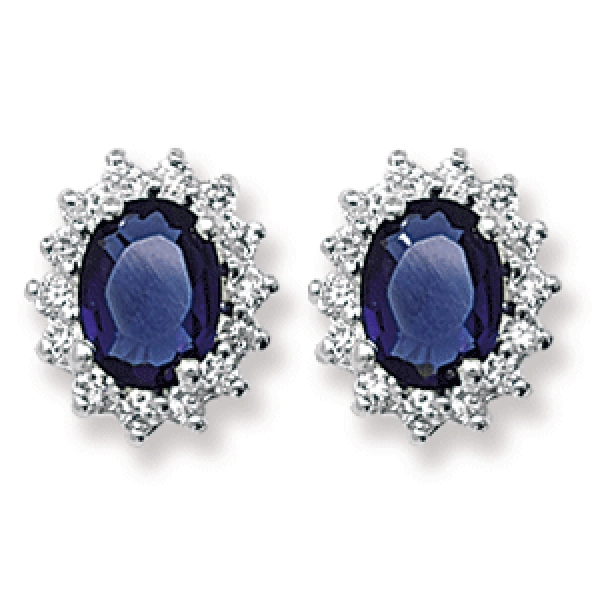 Sterling Silver Oval Blue CZ Halo CZ Earrings SKU 0142009